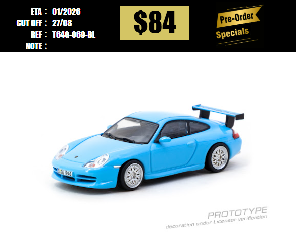 PO-$84 * TARMAC * 1:64 Porsche 911 GT3 (type 996) Light Blue [OD15/08]