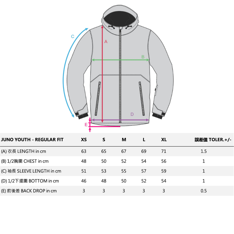 JUNO YOUTH JACKET_size chart尺寸參考