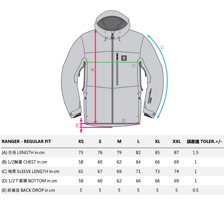 RANGER JACKET_size chart尺寸參考