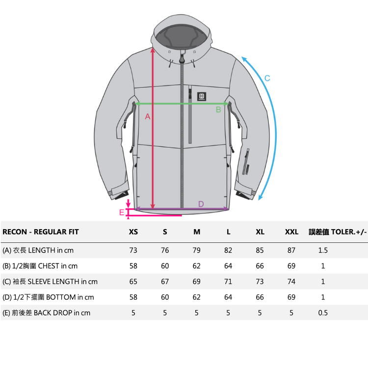 RECON JACKET_size chart尺寸參考