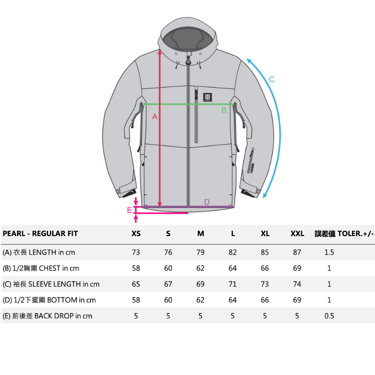 PEARL JACKET_size chart尺寸參考