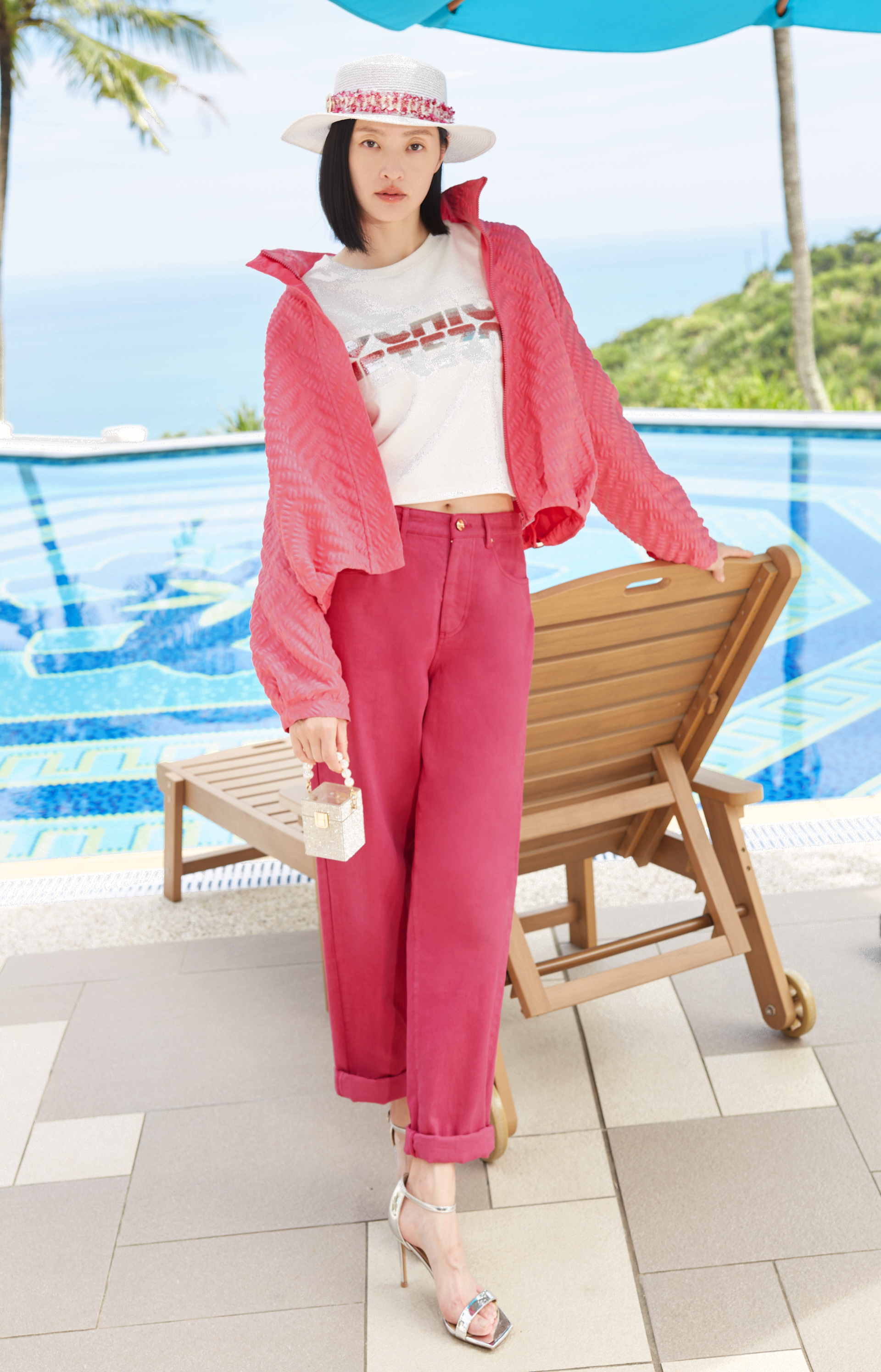 BD10121B1 新藝術花園玫瑰桃紅牛仔蘿卜褲