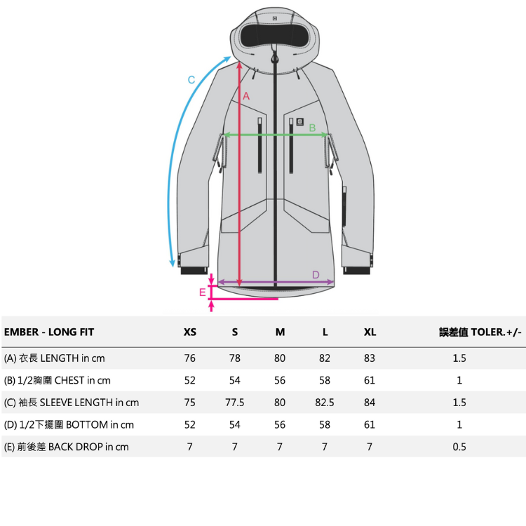 EMBER JACKET_size chart尺寸參考