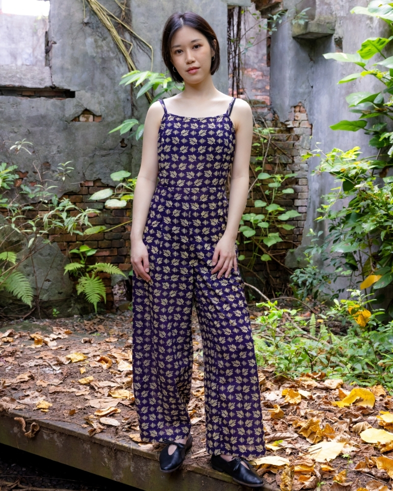 印度蓋染工藝親膚純棉 吊帶褲 - 羽毛蕨紫