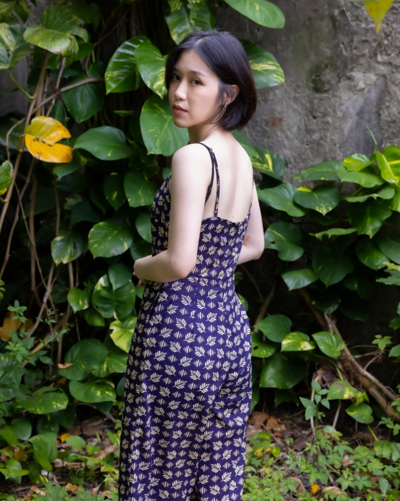 印度蓋染工藝親膚純棉 吊帶褲 - 羽毛蕨紫