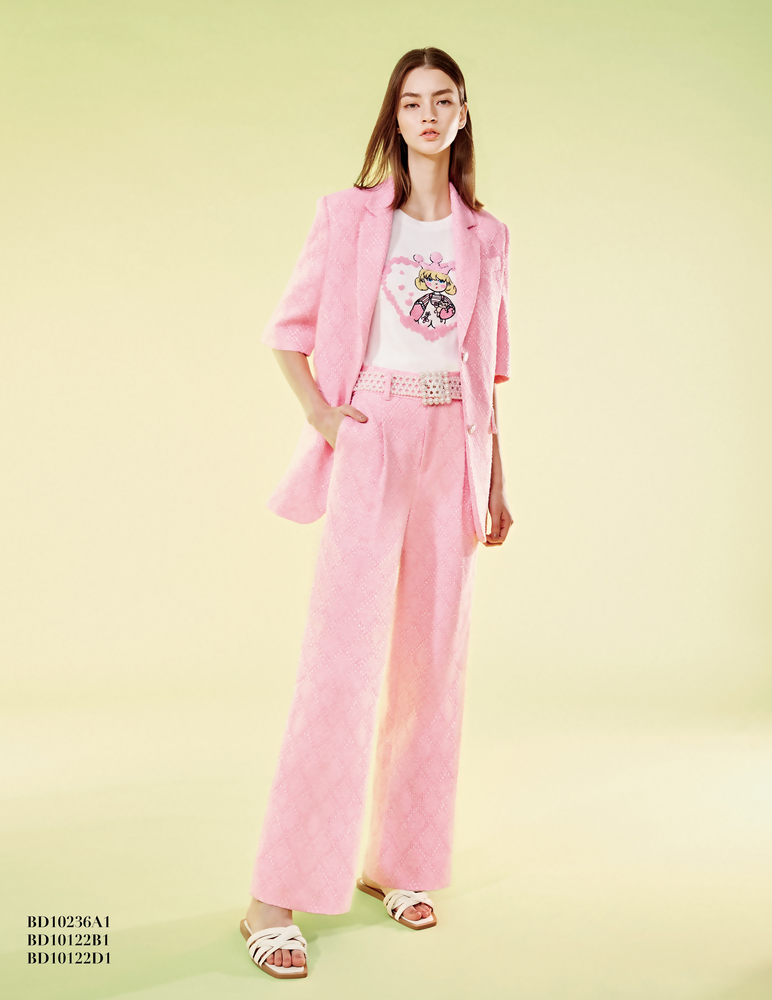 BD10122B1 珍珠玫瑰菱格紋小香正裝寬直筒褲 (附彈性編織珍珠腰帶)