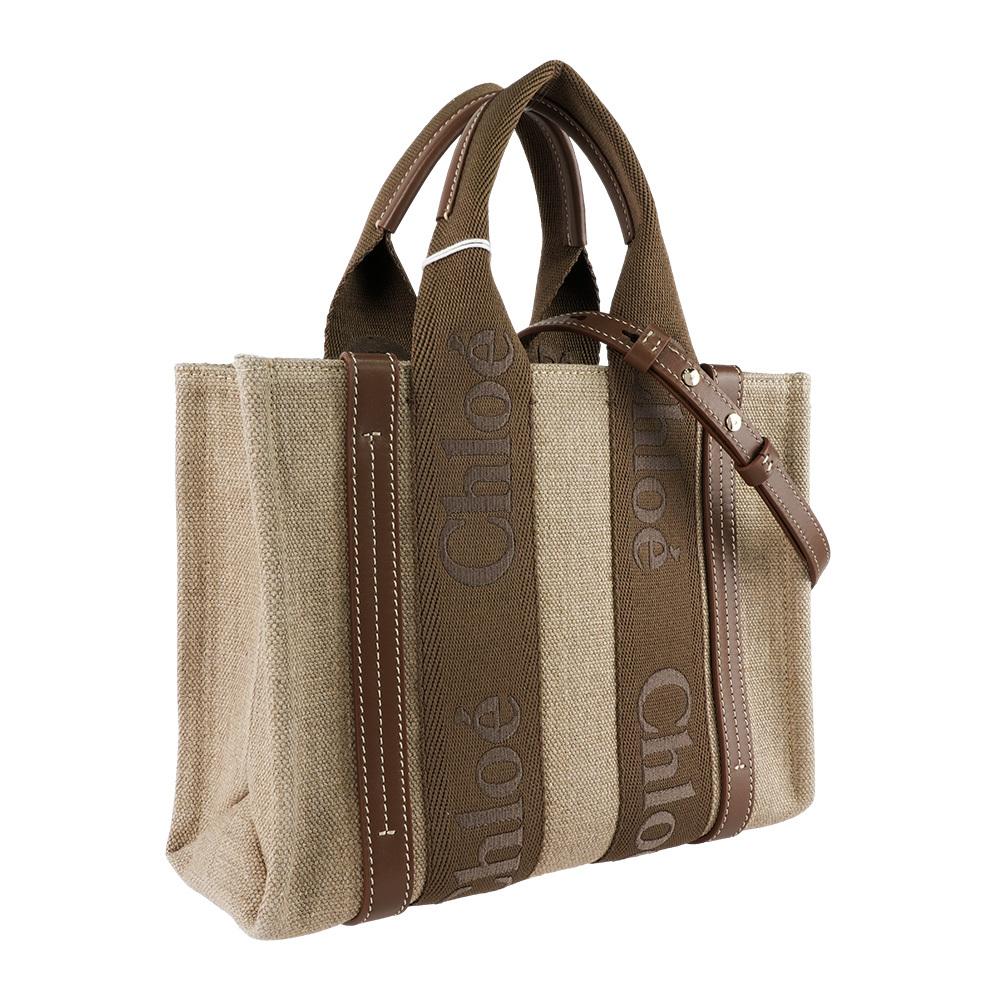 【Chloé】Woody 帆布拼牛皮手提/斜背二用托特包(小)(深堅果色)