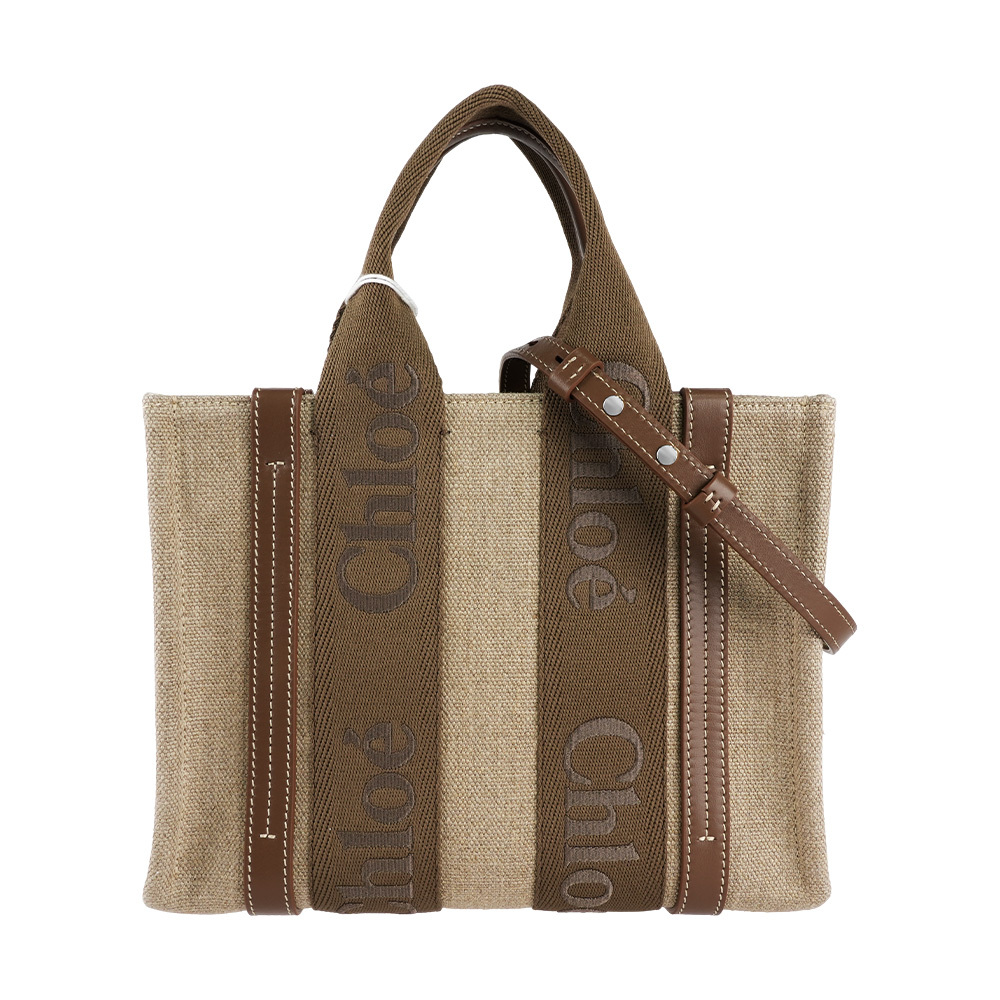 【Chloé】Woody 帆布拼牛皮手提/斜背二用托特包(小)(深堅果色)