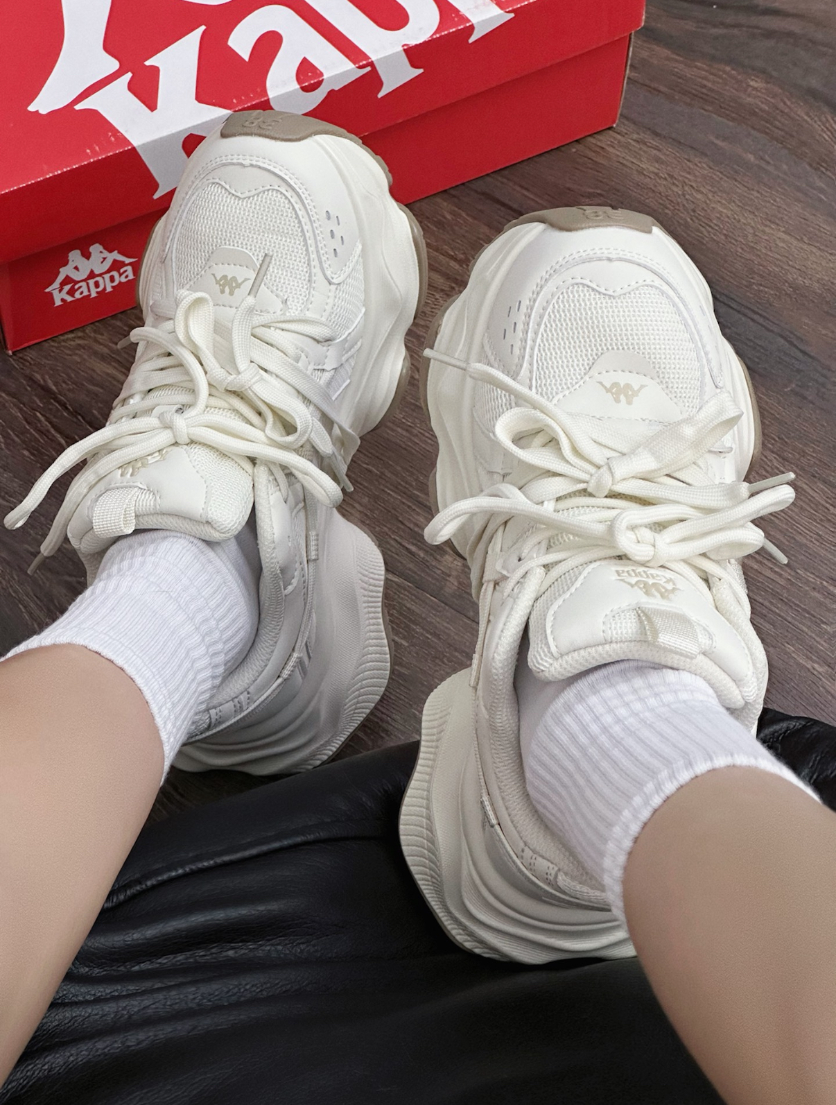 Kappa 綁帶厚底老爹鞋 米白色 全白 解構 雙鞋帶 厚底 老爹鞋 /預購