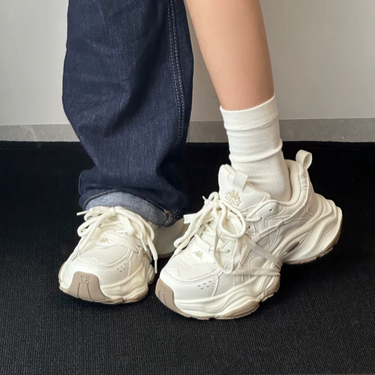 Kappa 綁帶厚底老爹鞋 米白色 全白 解構 雙鞋帶 厚底 老爹鞋 /預購