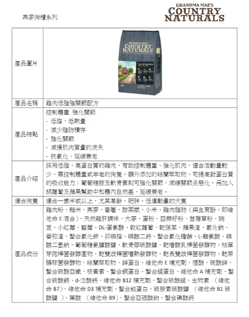 Country Naturals 雞肉低脂強關節配方(減肥&老犬) 24LB