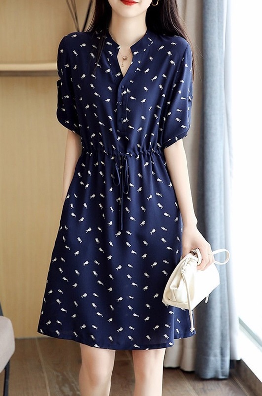 綁帶印花雪紡洋裝 藏青