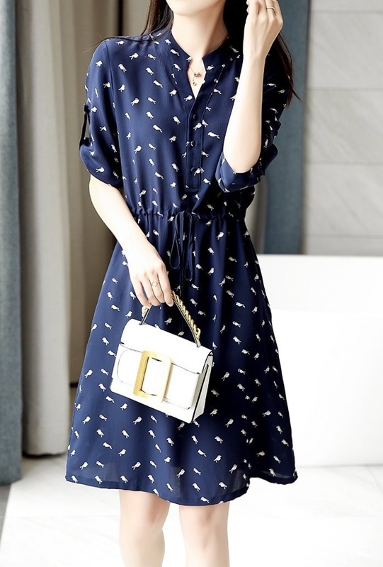 綁帶印花雪紡洋裝 藏青