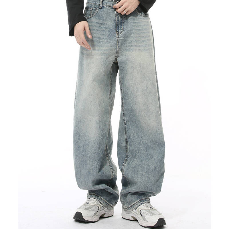 韓版簡約闊腳立體微彎刀水洗牛仔褲，多色好看百搭版型