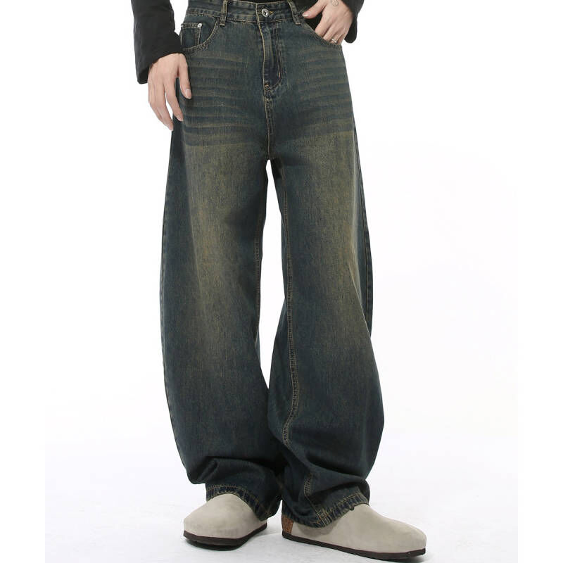 韓版簡約闊腳立體微彎刀水洗牛仔褲，多色好看百搭版型