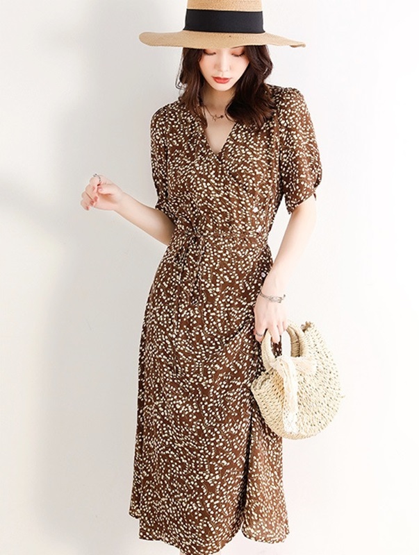 V襟印花雪紡洋裝 咖啡