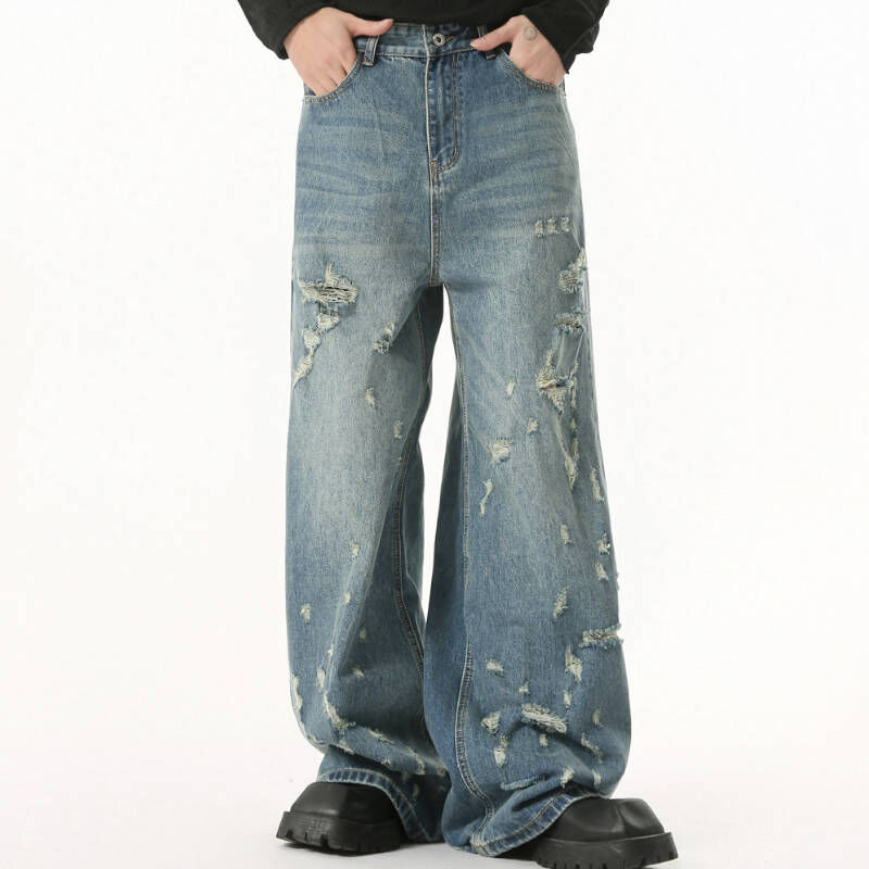 稀有小眾不規則磨破做舊破洞設計時尚牛仔褲