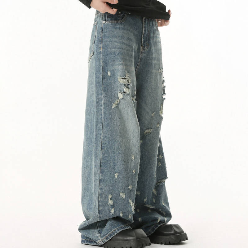 稀有小眾不規則磨破做舊破洞設計時尚牛仔褲
