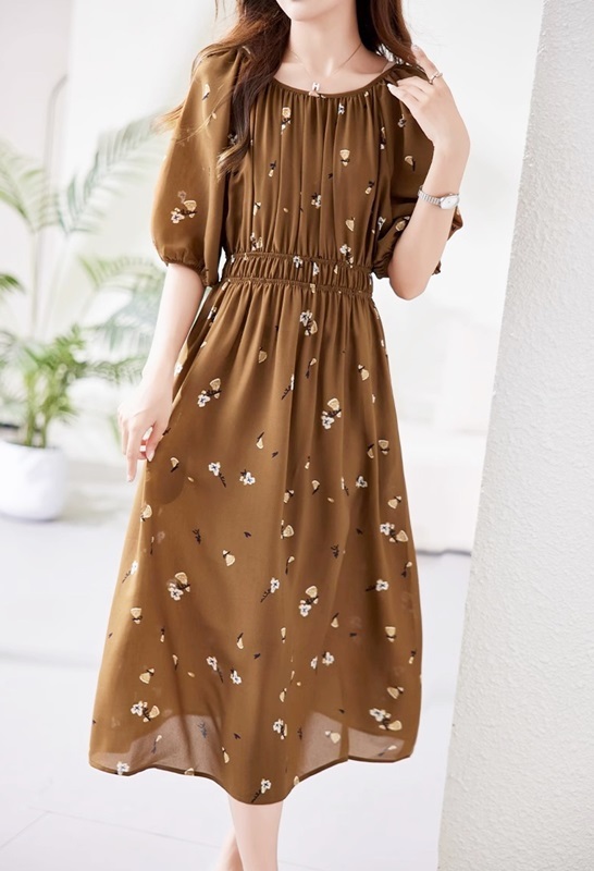 圓領碎花雪紡洋裝 咖啡