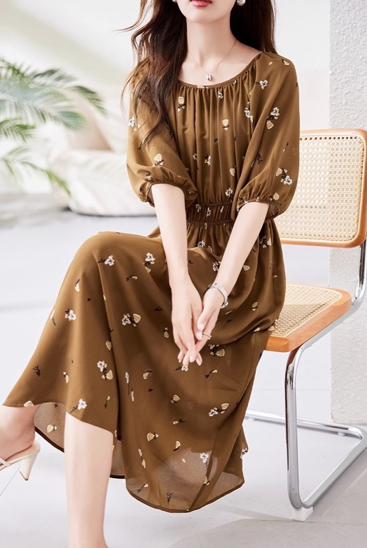 圓領碎花雪紡洋裝 咖啡