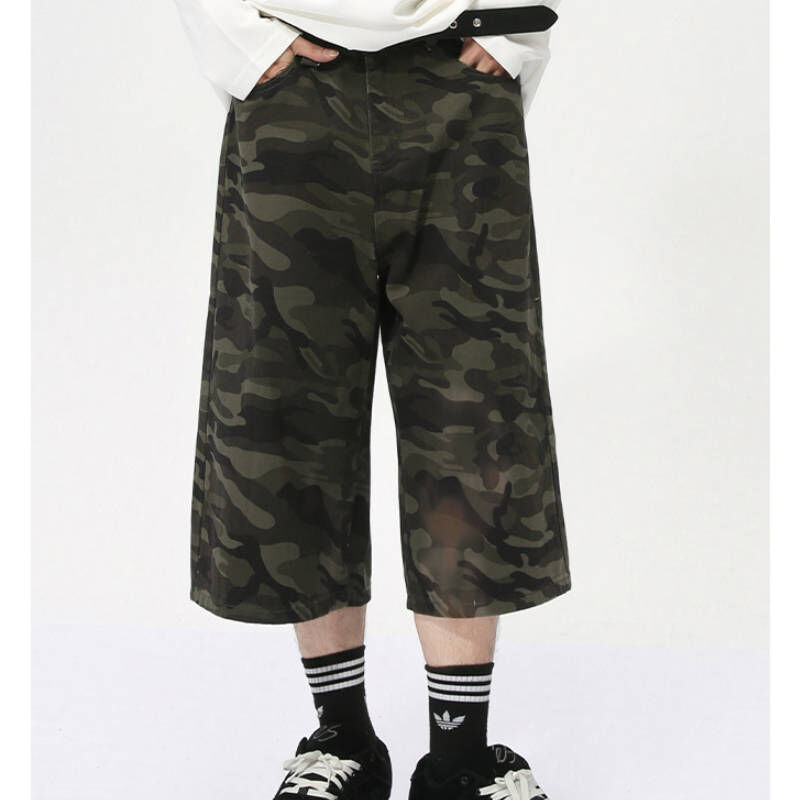 美式時尚復古迷彩寬腳寬鬆直筒七分褲