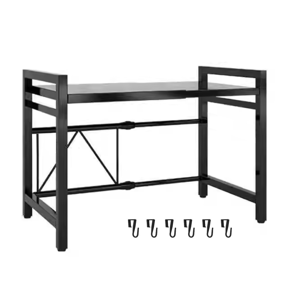 雙層伸縮式置物架 收納層架 廚房伸縮置物架 伸縮微波爐架 廚房收納 氣炸鍋架 (附掛勾6個)