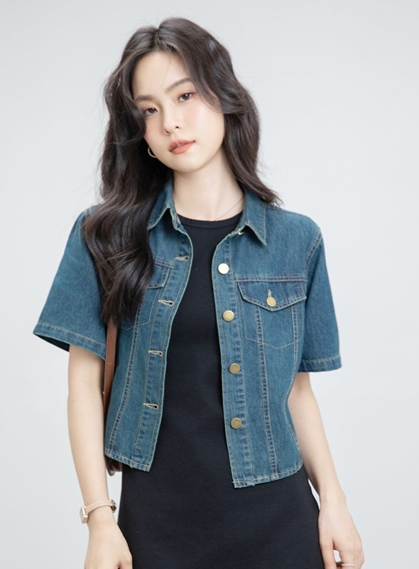 翻領牛仔外套上衣 藍色