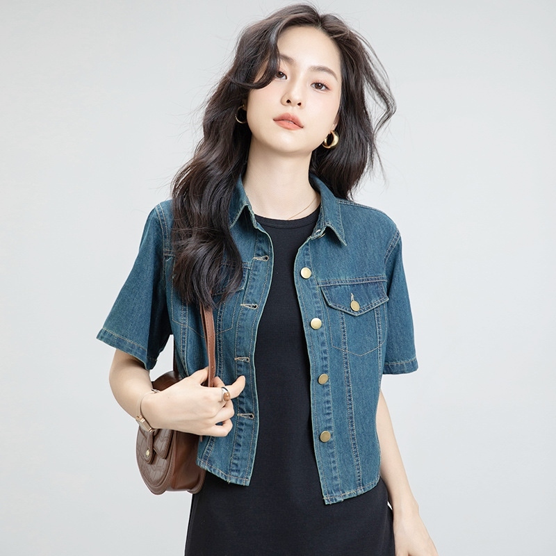 翻領牛仔外套上衣 藍色