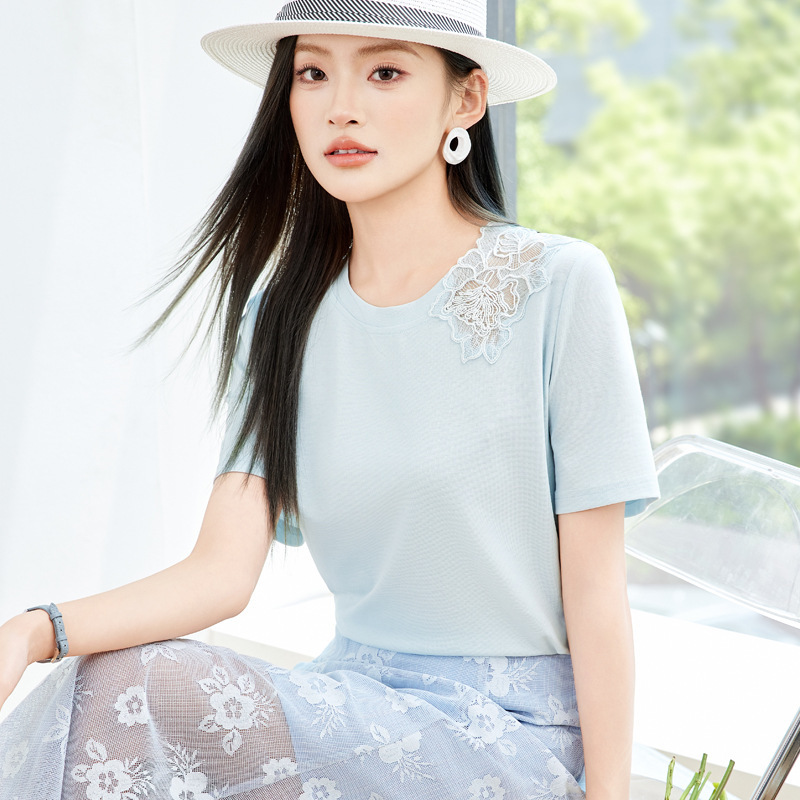 單肩鏤空刺繡柔棉上衣 四色