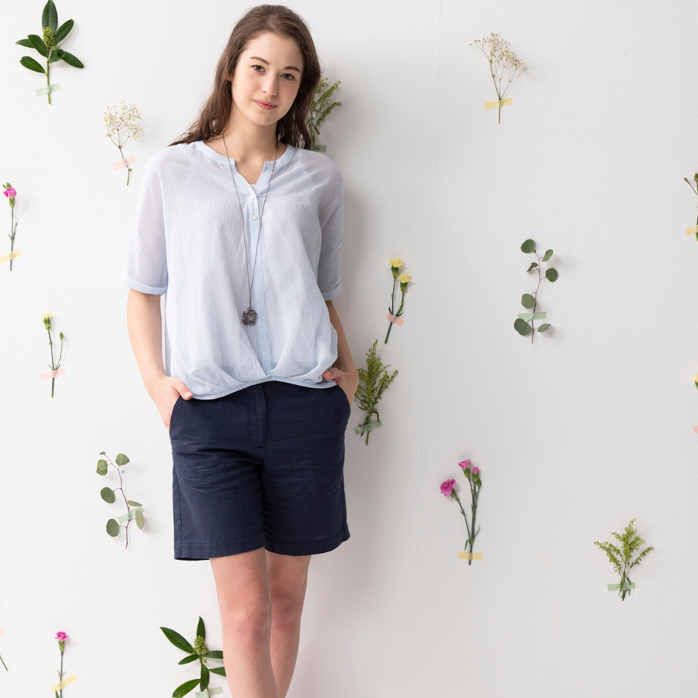 PIPPY 透氣棉麻百搭短褲 藍