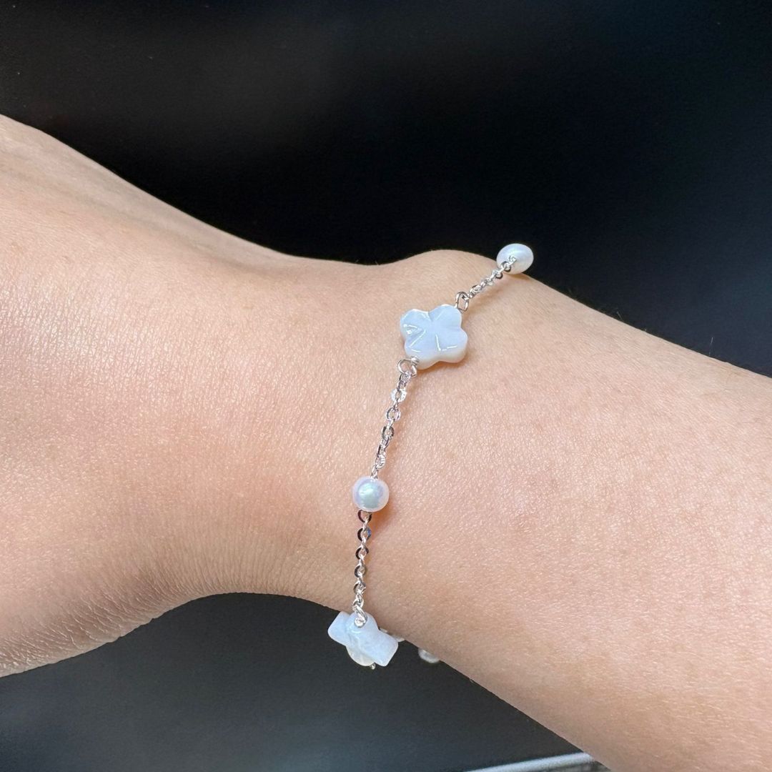 淡水珍珠併貝殻四葉草🍀純銀手鏈 (有延長扣)  [#SQ25082832]