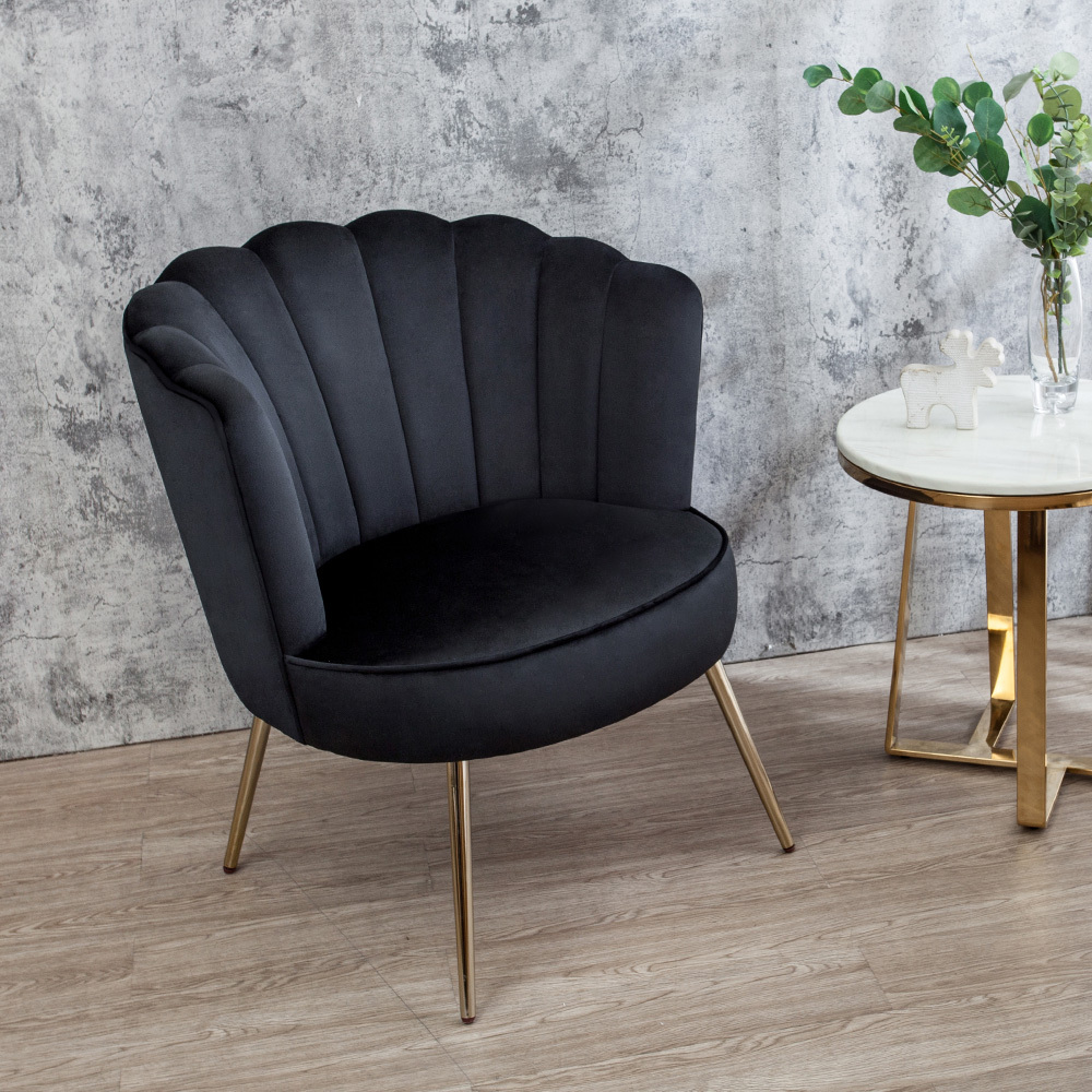 托倫貝殼造型黑色絨布單人休閒椅/沙發椅/洽談餐椅