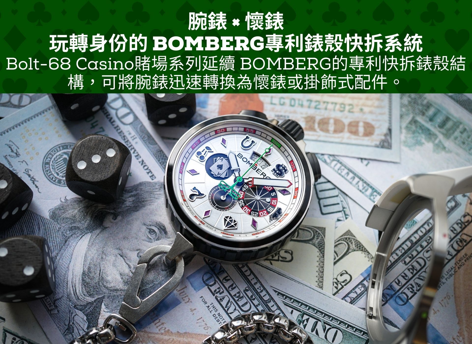 Bomberg,炸彈錶,瑞士製造,一錶二用,石英錶,計時碼錶,Bolt-68,Heritage,Casino White,BS45CHSS.075-3.12,冰晶賭場計時碼錶