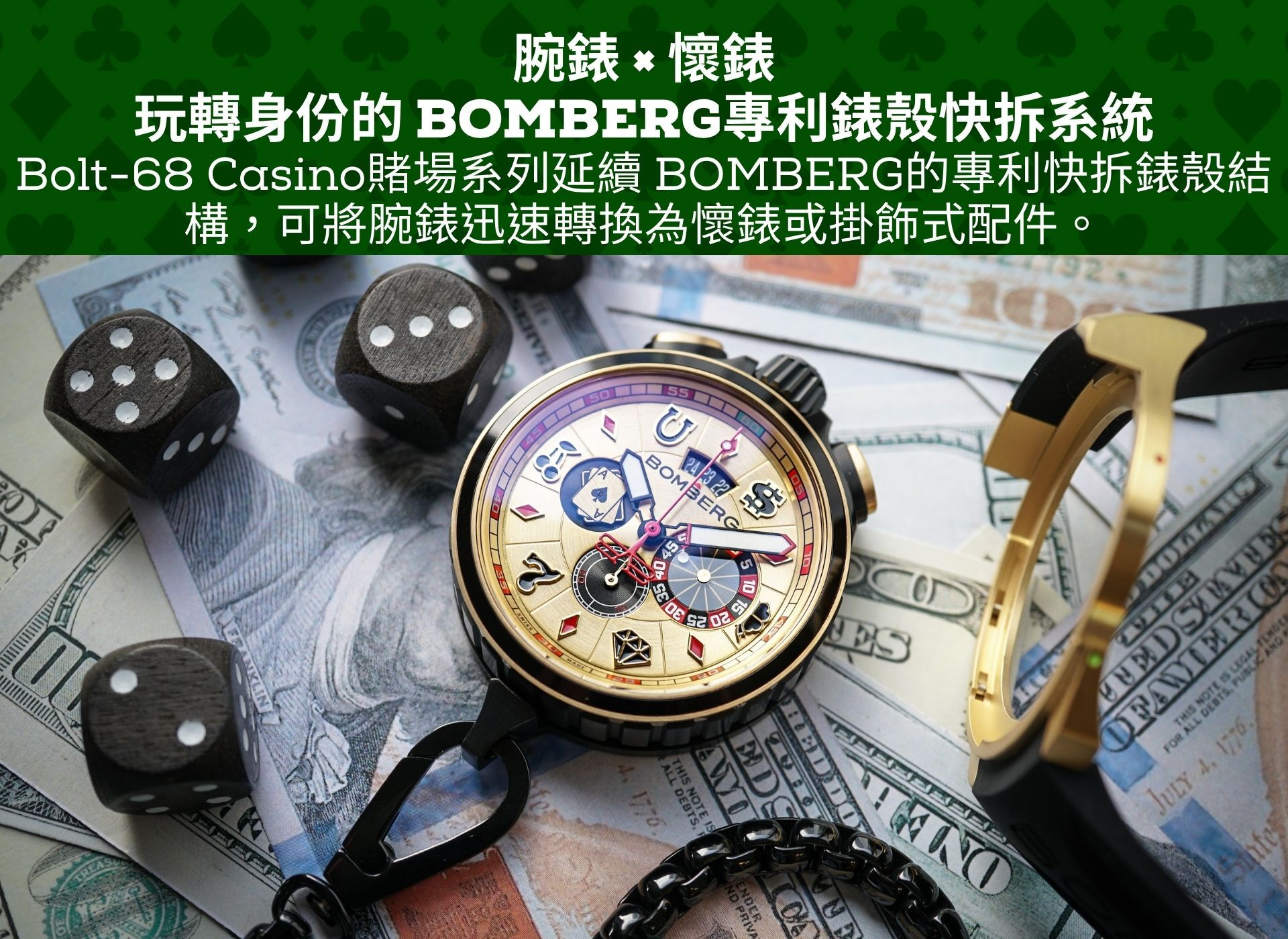 Bomberg,炸彈錶,瑞士製造,一錶二用,石英錶,計時碼錶,Bolt-68,Heritage,Casino Gold,BS45CHPPKBA.075-2.12,黃金籌碼計時碼錶