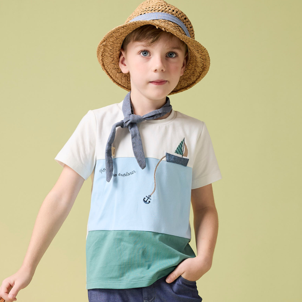 PIPPY歡快小帆船刺繡棉質圓領短袖上衣 米白