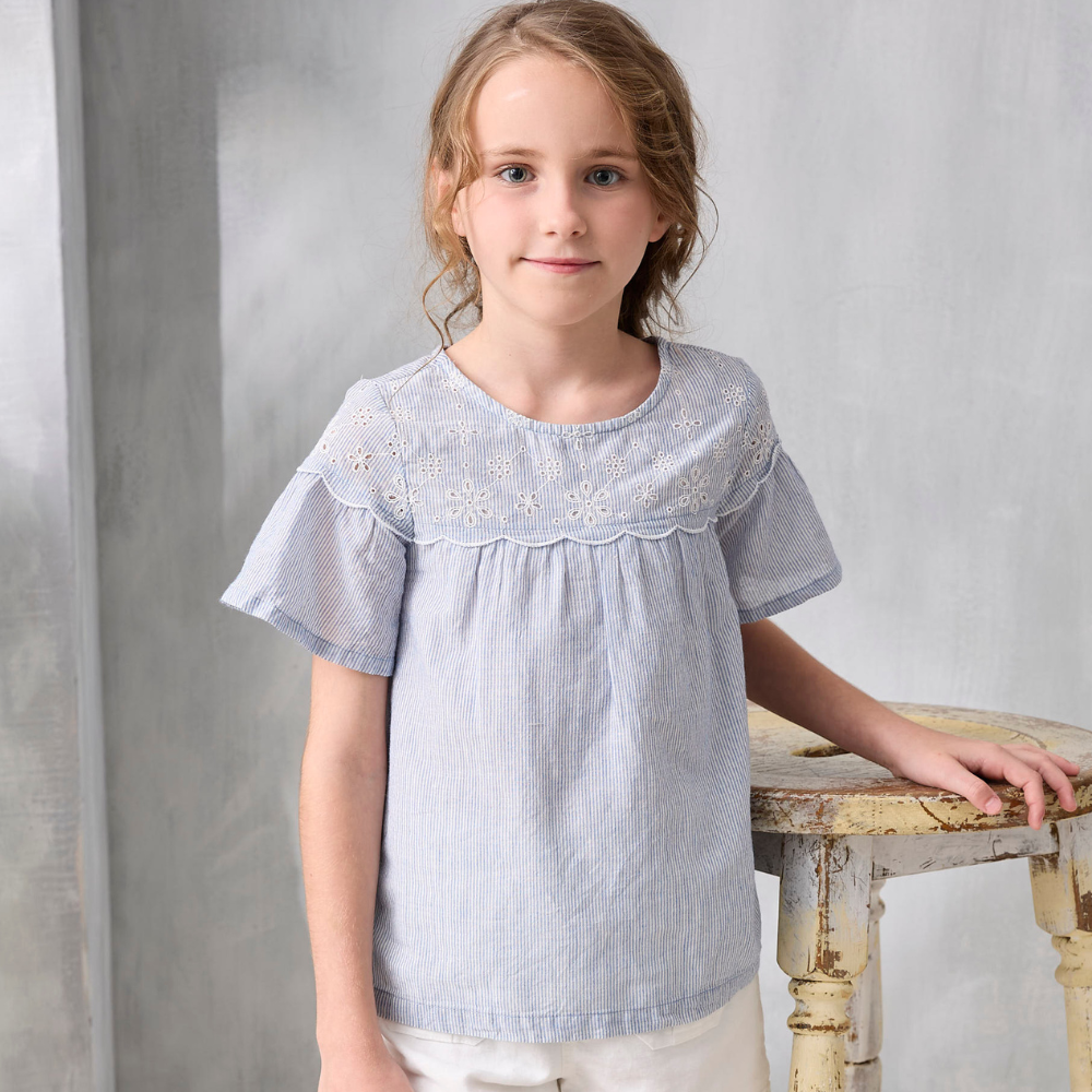 PIPPY優雅燒花直條紋刺繡純棉圓領上衣 水