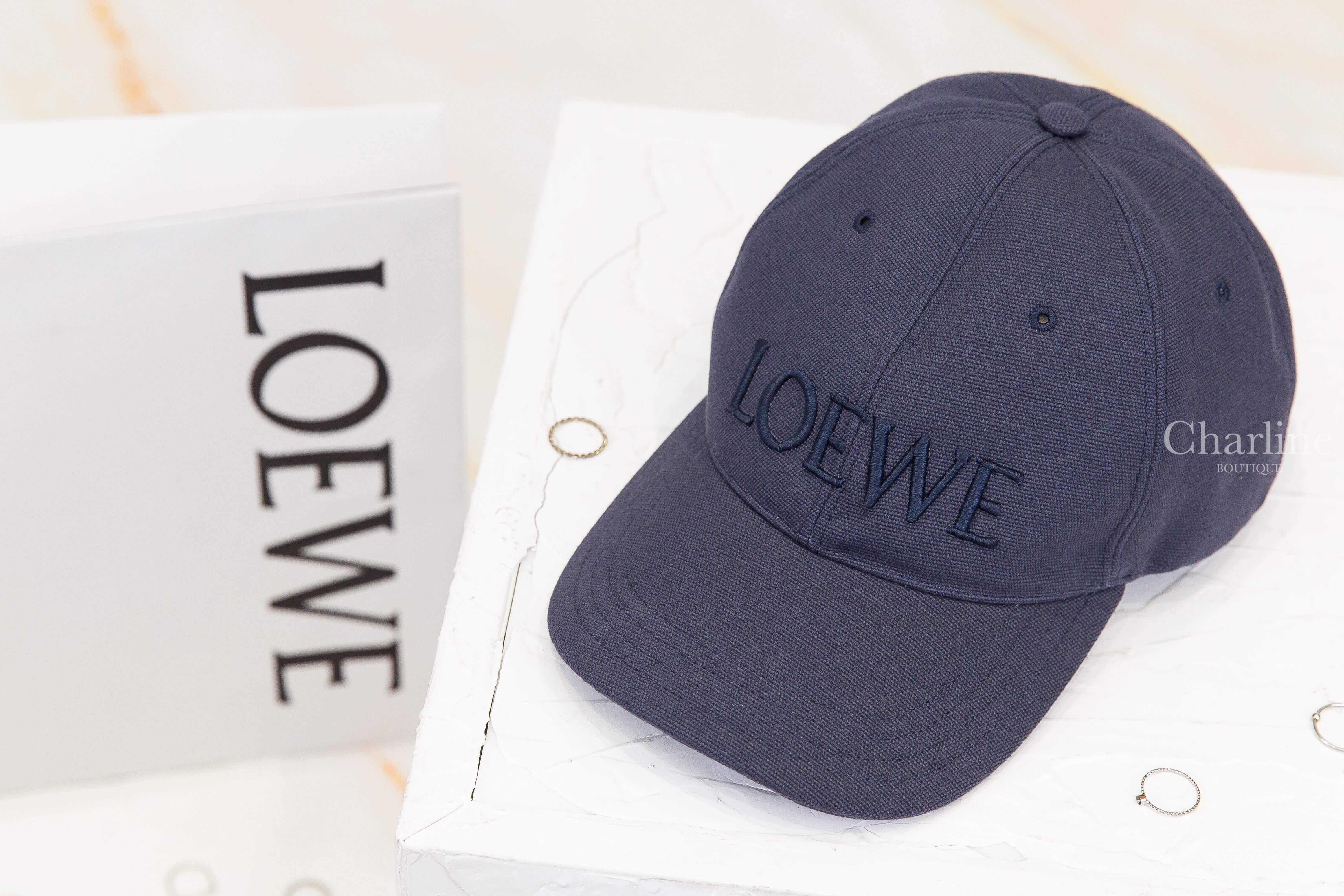 Loewe Loewe Cap In Canvas 深藍色刺繡字母側邊標籤帆布棉質棒球帽