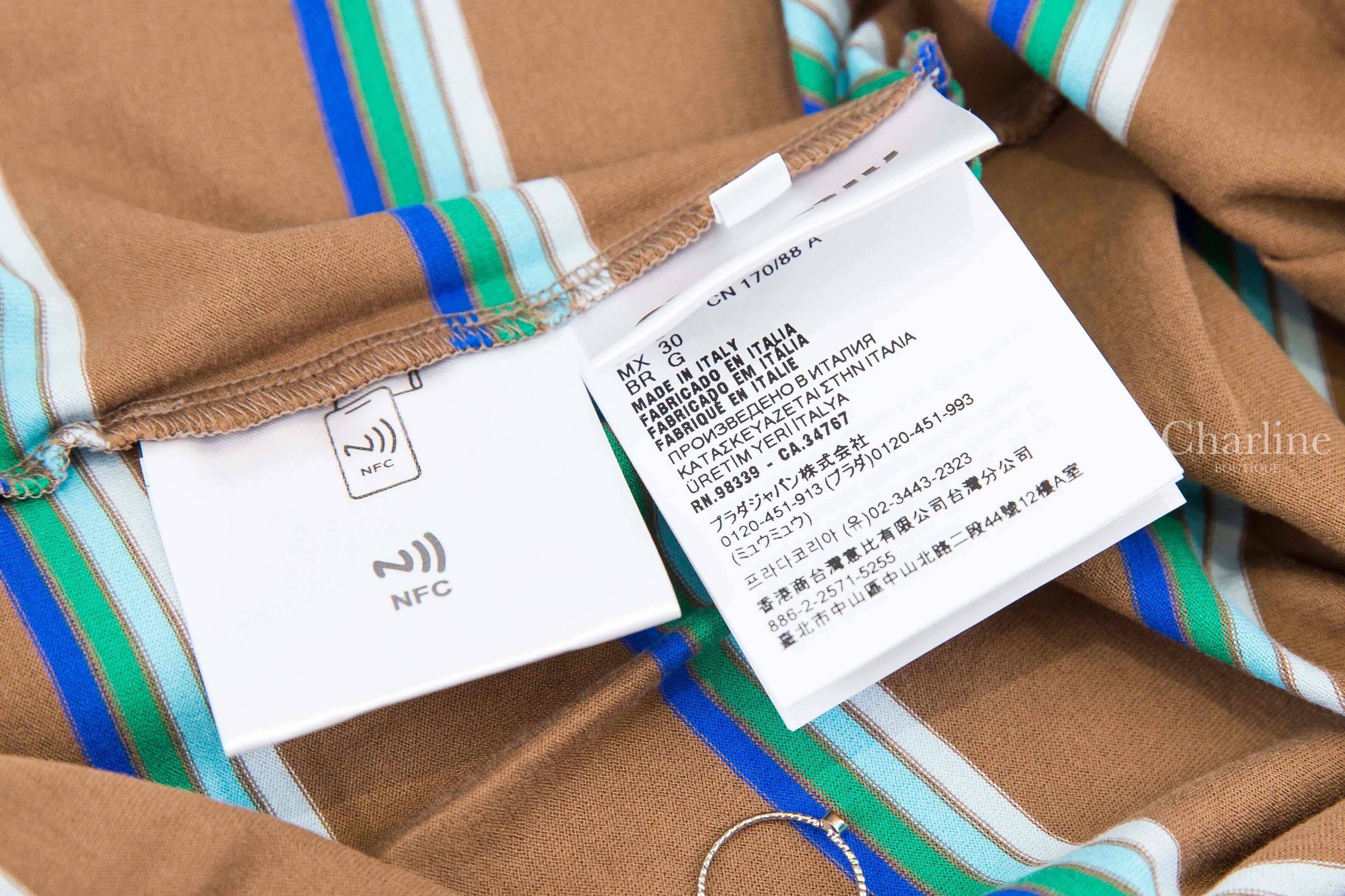 Miu Miu Jersey T-shirt 煙草棕色白青綠藍橫條紋黑底白字標籤口袋短袖棉T-Charline Boutique 精品代購