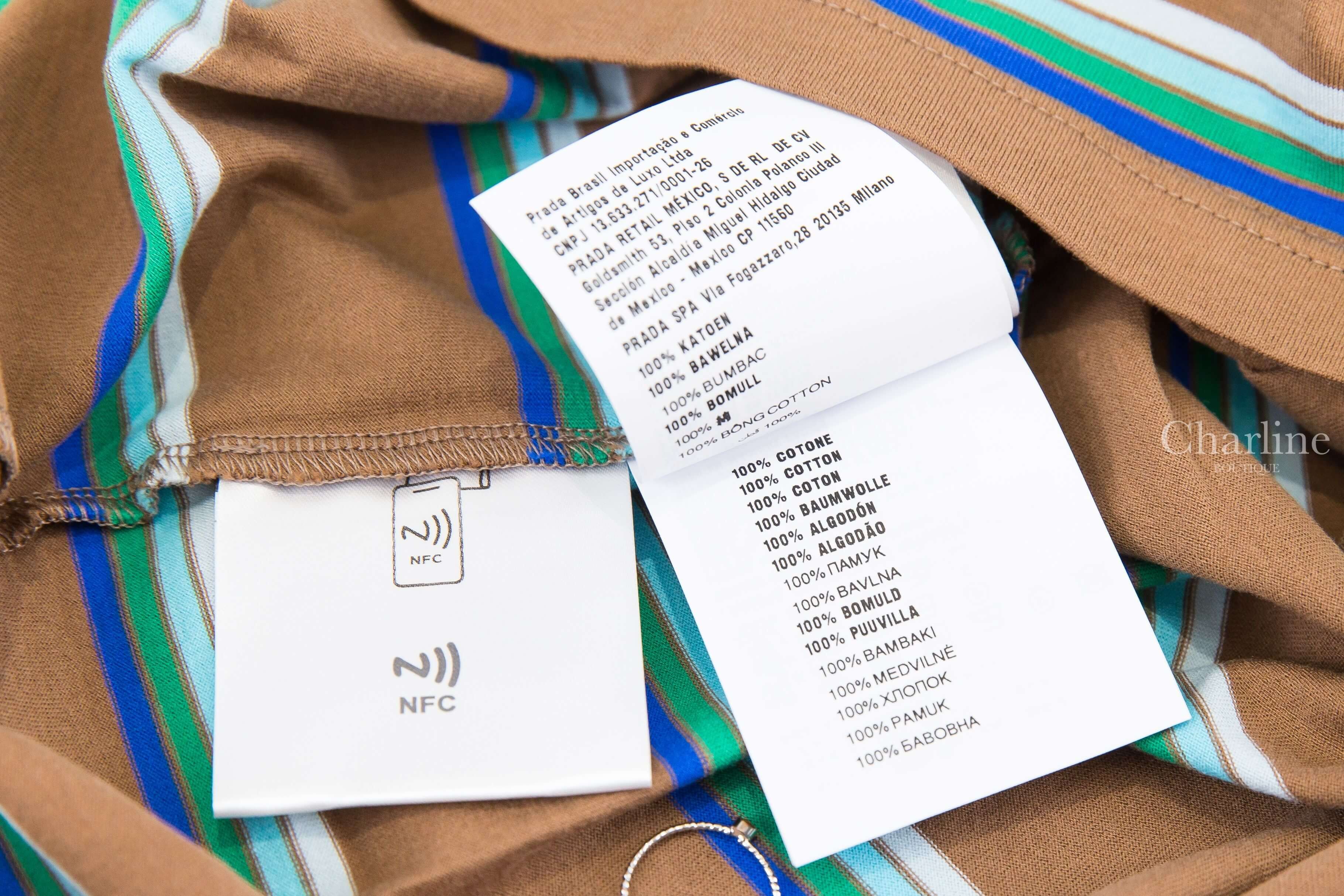 Miu Miu Jersey T-shirt 煙草棕色白青綠藍橫條紋黑底白字標籤口袋短袖棉T-Charline Boutique 精品代購