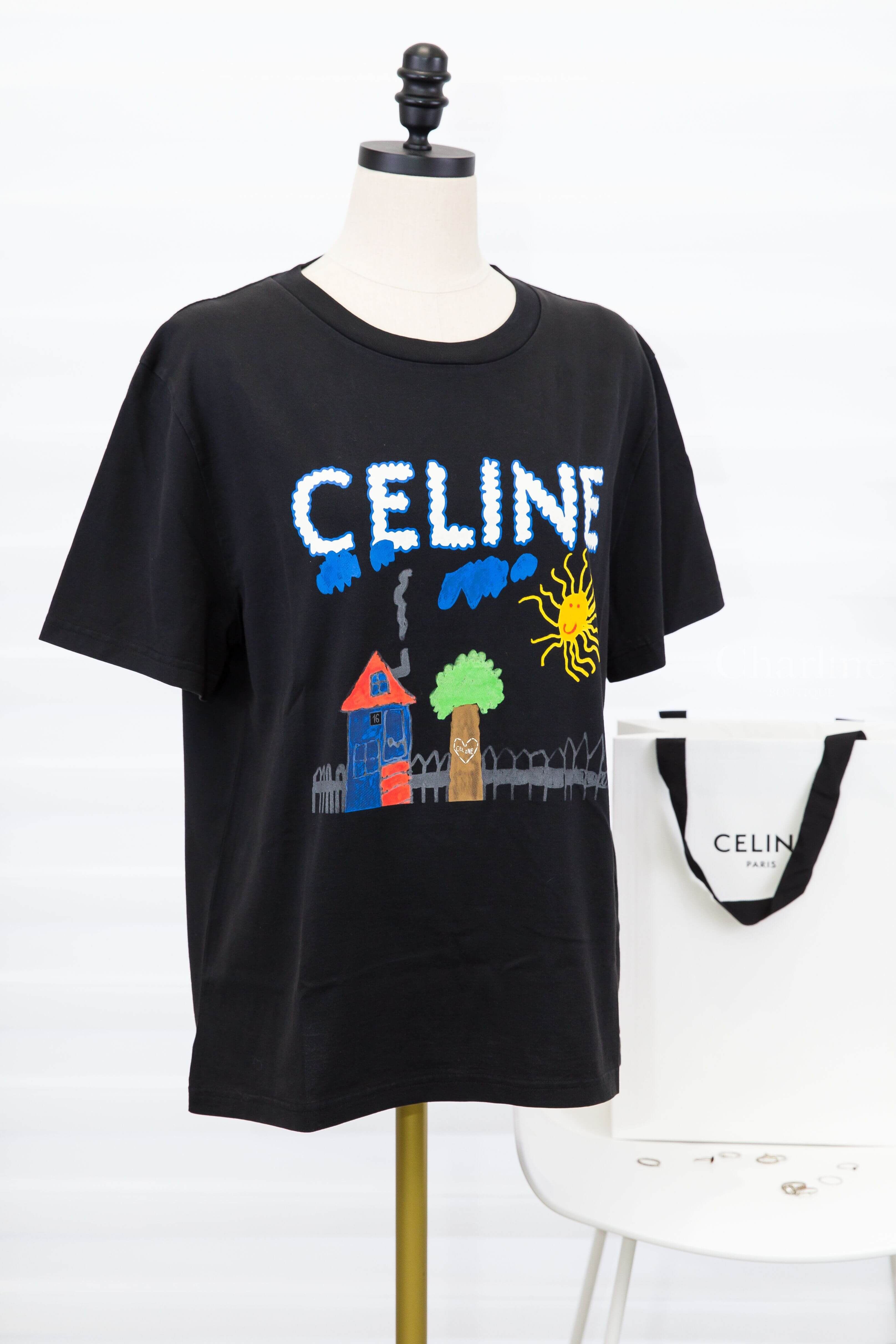 Celine Regular T-shirt In Cotton Jersey 黑色彩色塗鴉白字印花短袖棉T-Charline Boutique 精品代購