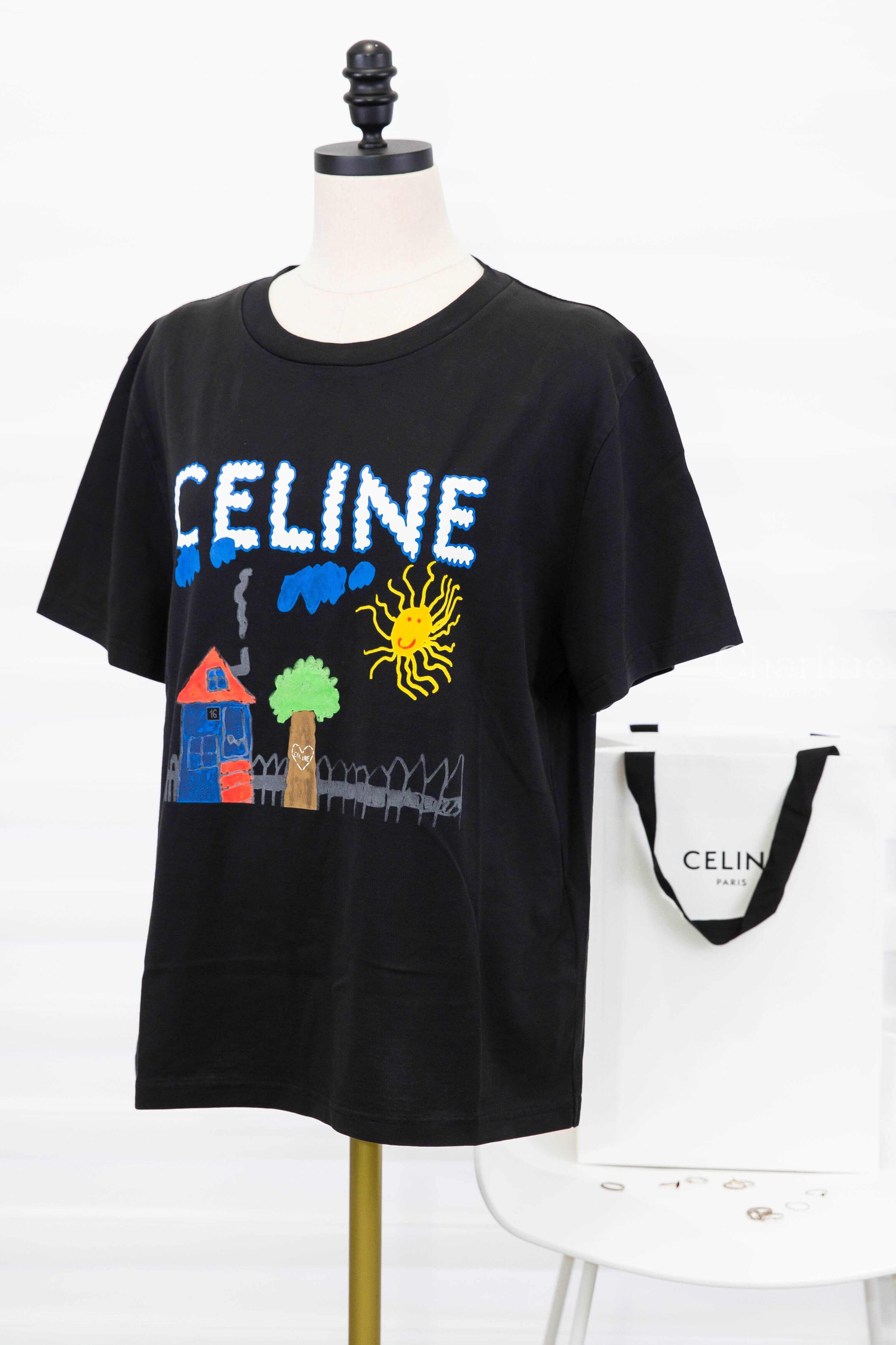 Celine Regular T-shirt In Cotton Jersey 黑色彩色塗鴉白字印花短袖棉T-Charline Boutique 精品代購
