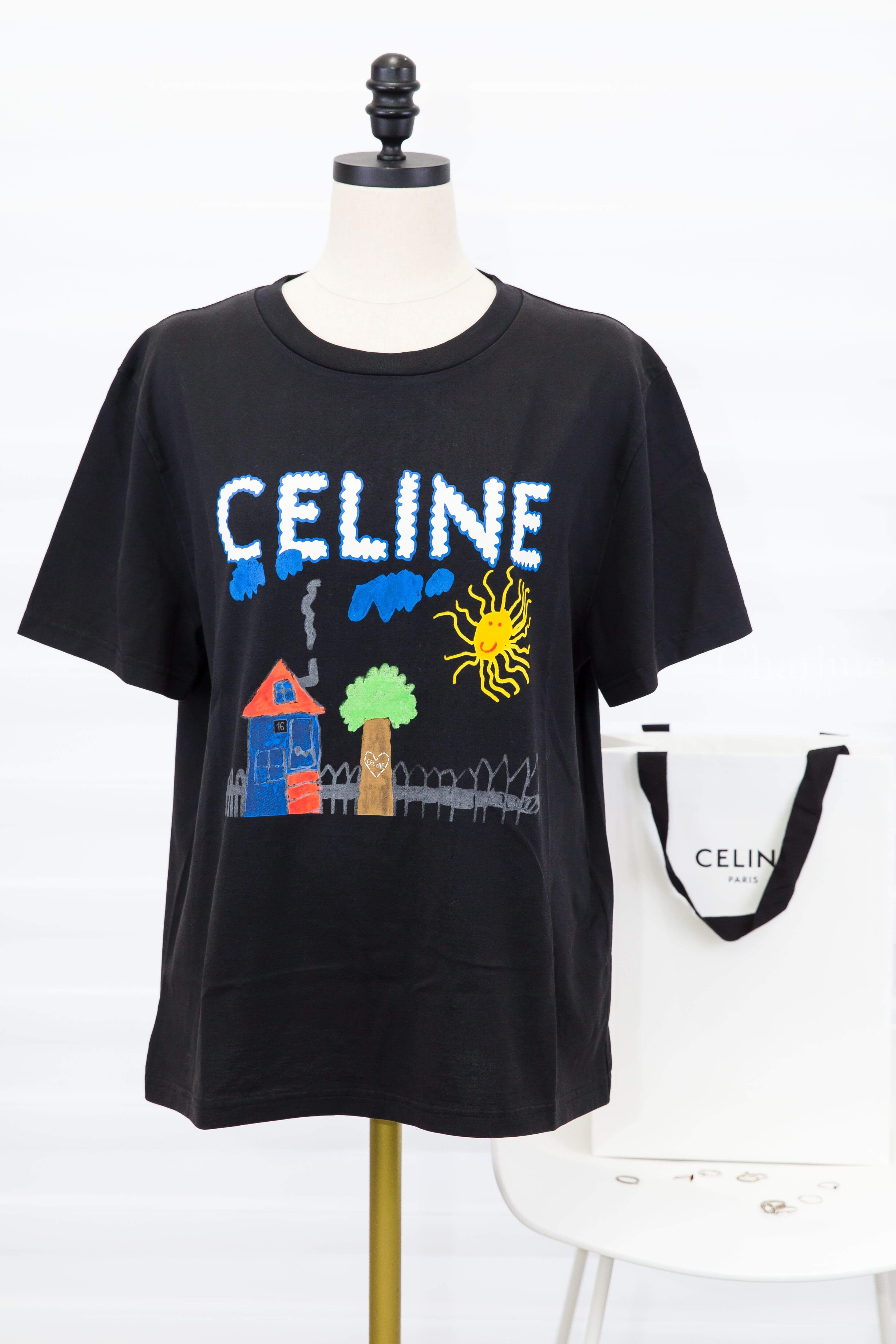 Celine Regular T-shirt In Cotton Jersey 黑色彩色塗鴉白字印花短袖棉T-Charline Boutique 精品代購