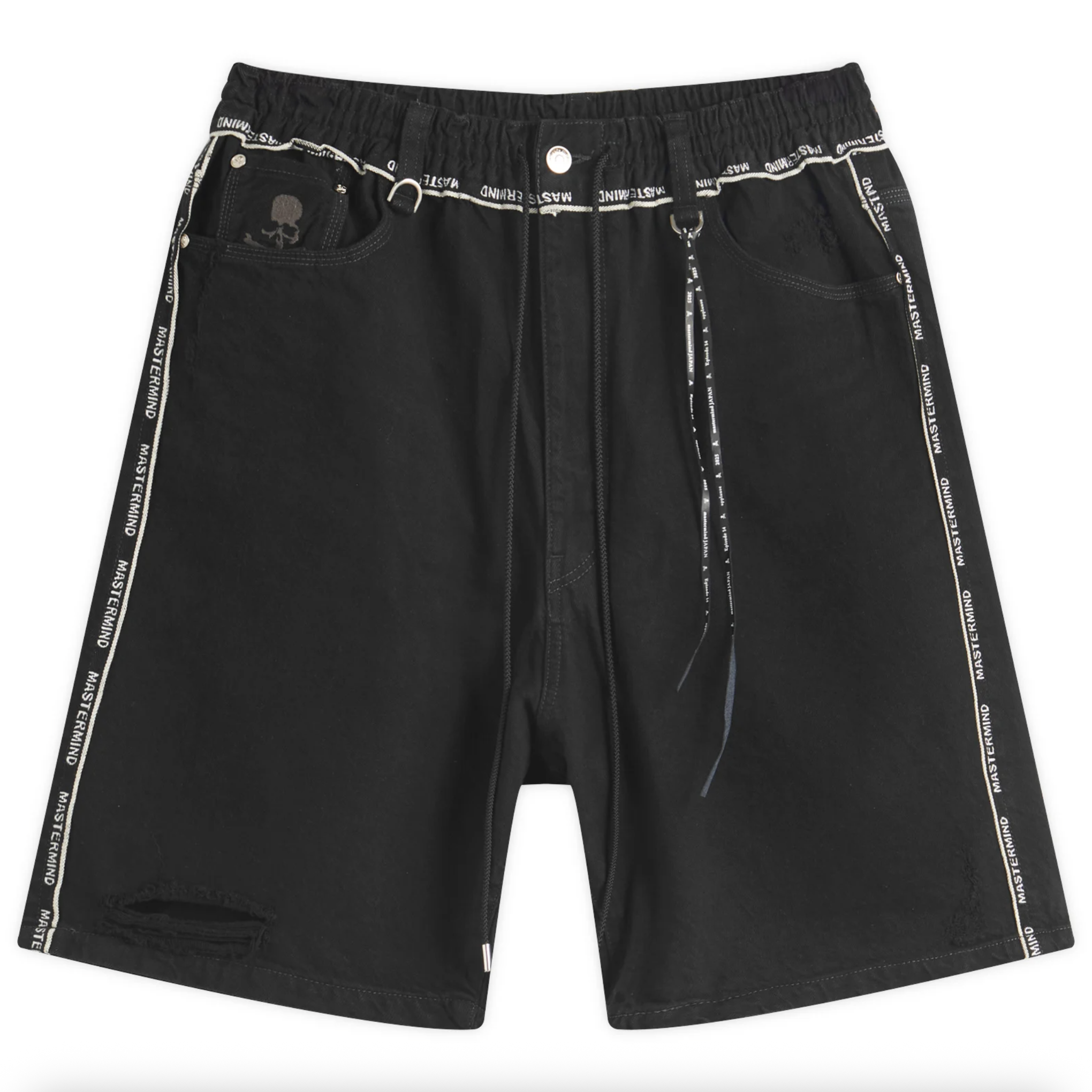 MASTERMIND JAPAN INSIDE-OUT DENIM SHORTS 骷髏 破壞 單寧 短褲 黑色-MJ25E14-PA022