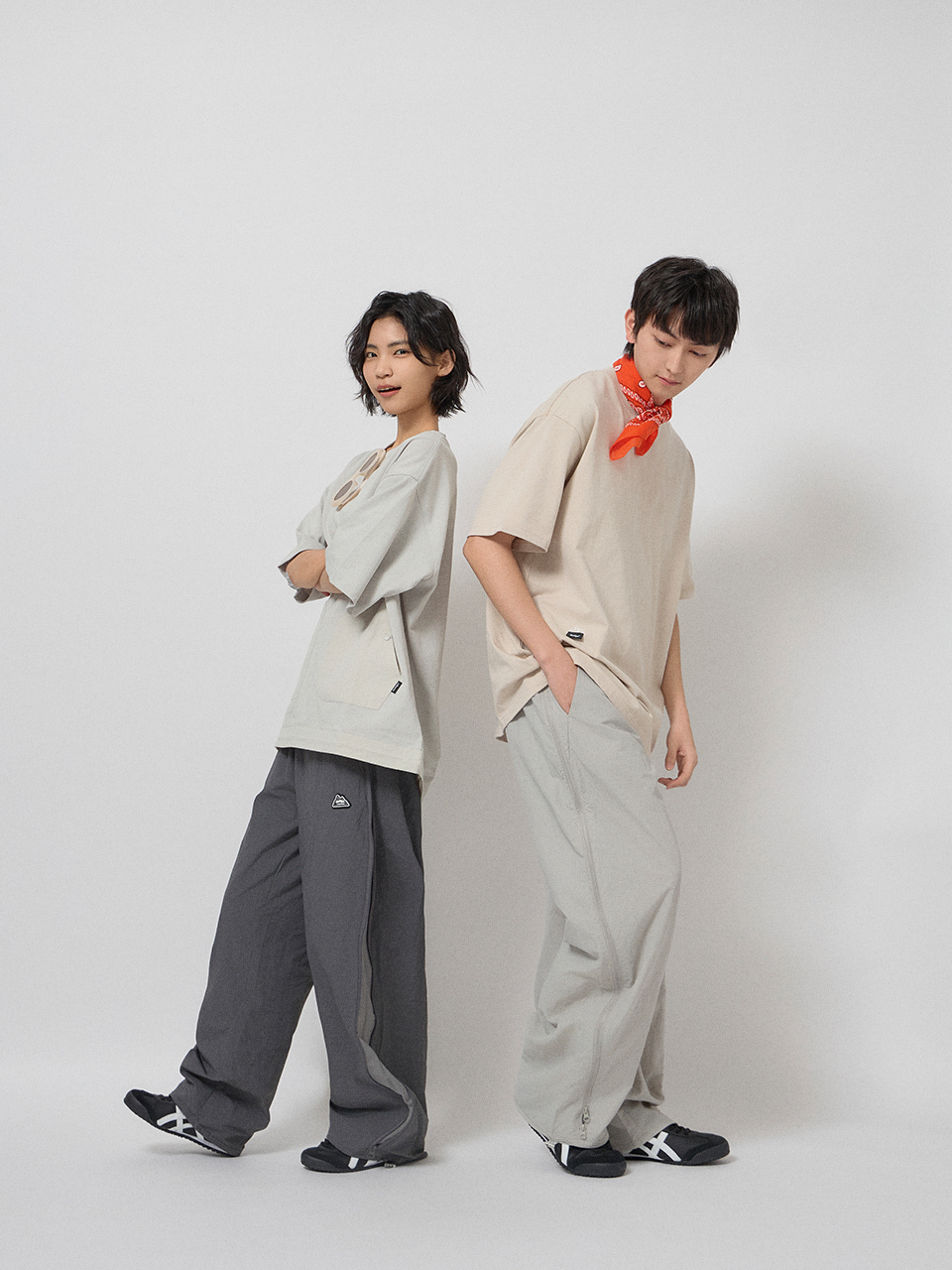 側拉鍊拼接尼龍長褲