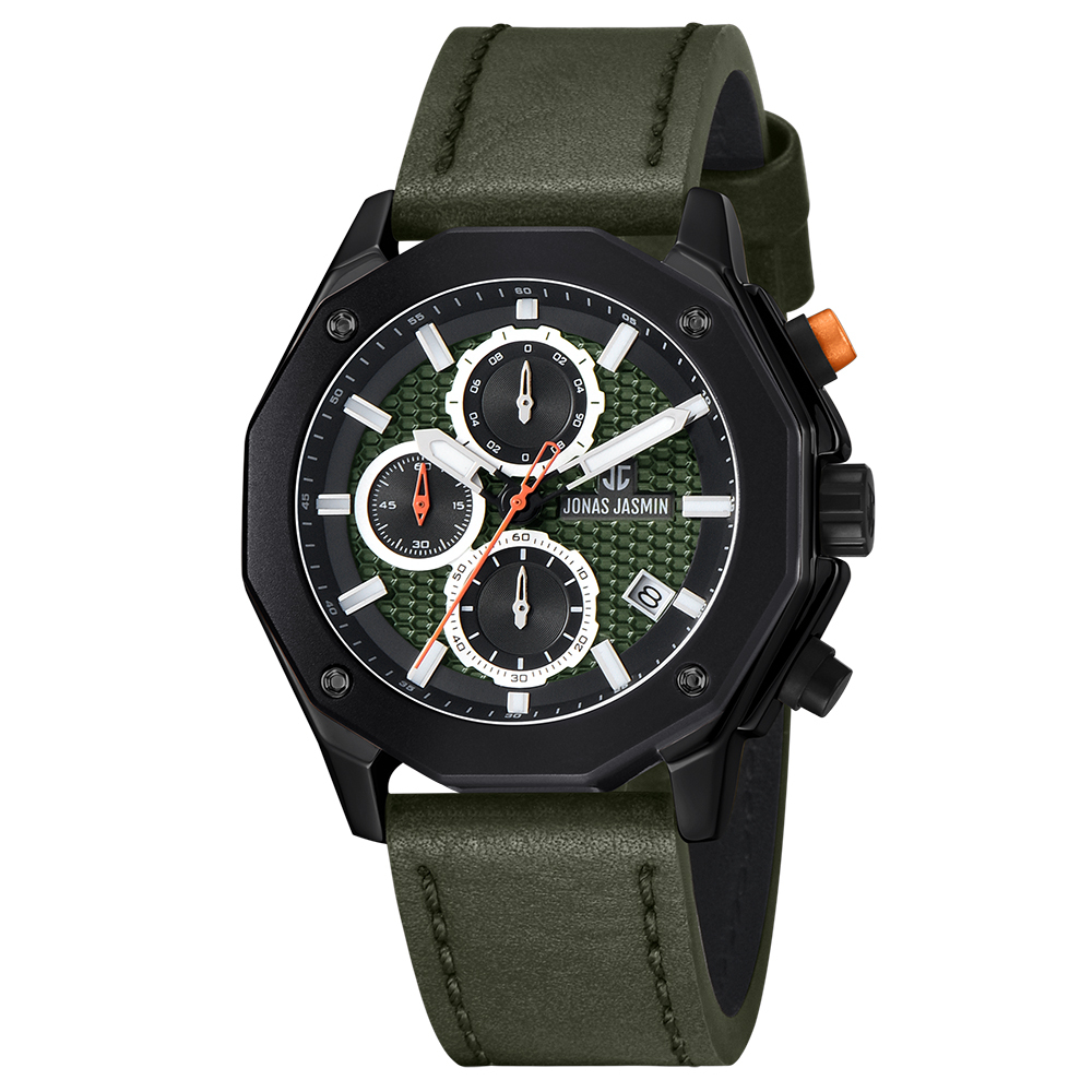 【Jonas Jasmin 喬納斯】JJ-5354MC-L亮麗配色夜光帶日期男款皮革石英錶-