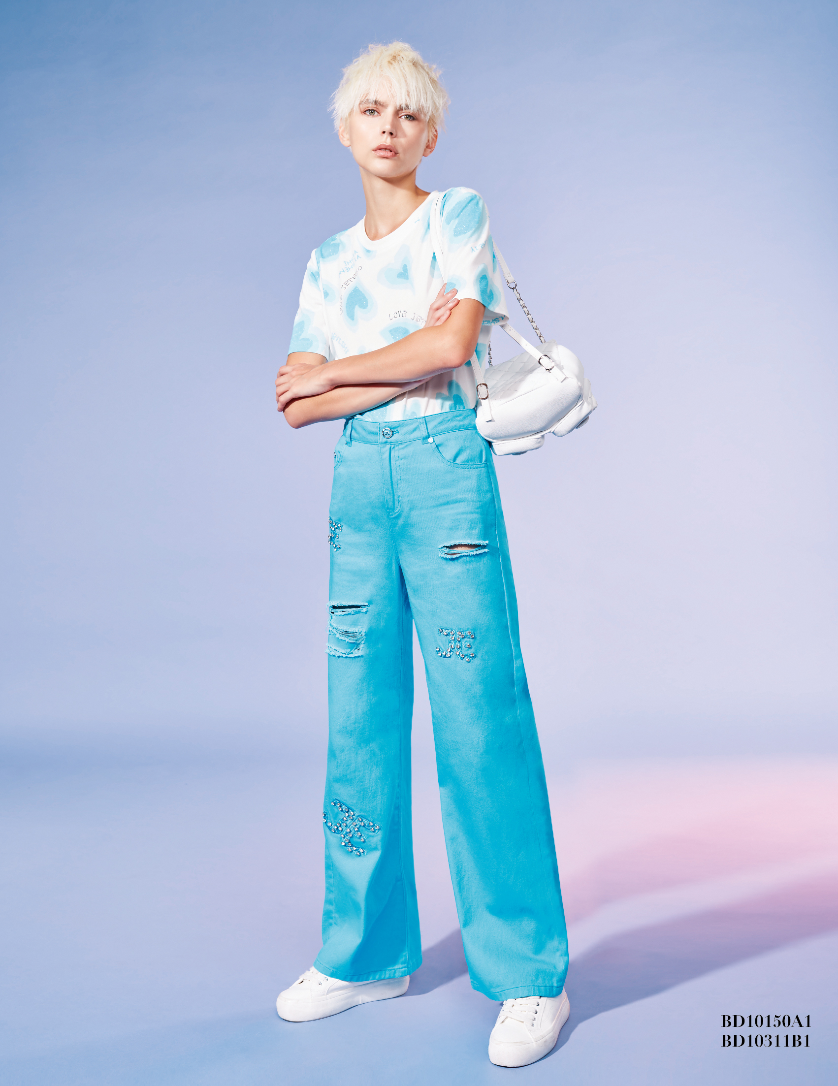 BD10311B2 閃電抓破刺繡釘鑽牛仔寬褲