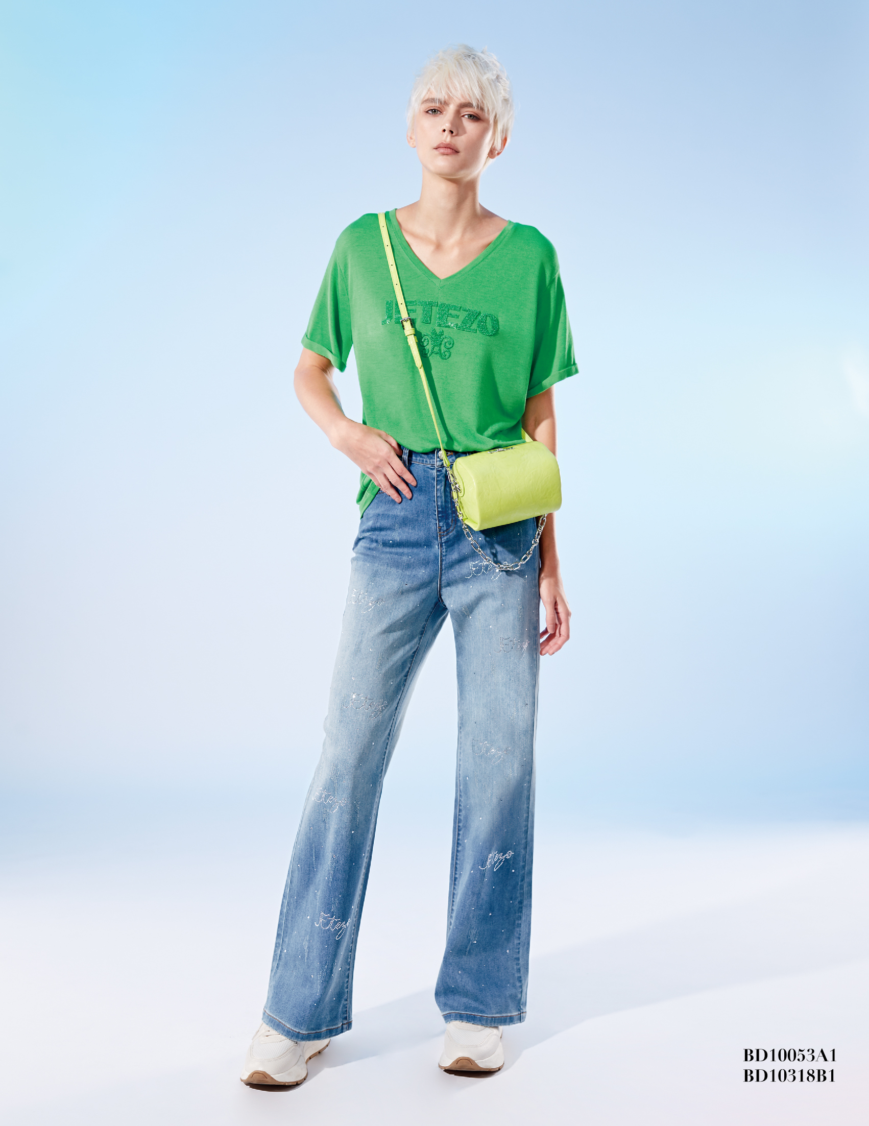 BD10318B1 新藝術花園logo星光燙鑽喇叭褲