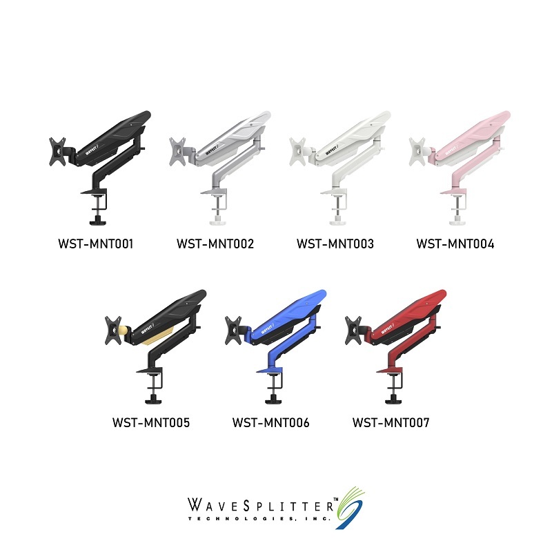 米特3C數位–WaveSplitter 威世波 電競Style 鋁合金氣壓桌夾式螢幕支架 黑/銀/白/粉/金/藍/紅