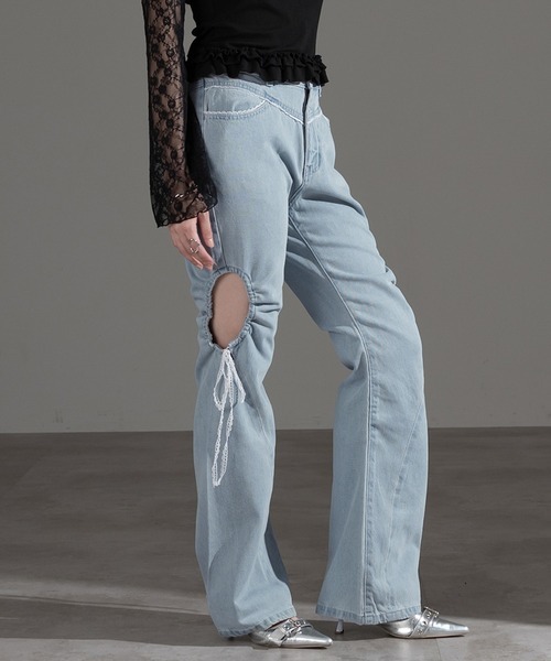 日本🇯🇵連線 Apres jour mignon 側面洞洞蕾絲牛仔喇叭褲 側面縮口設計 牛仔褲 喇叭褲 牛仔長褲 蕾絲緞帶設計 3色(任買兩件711免運)/預購