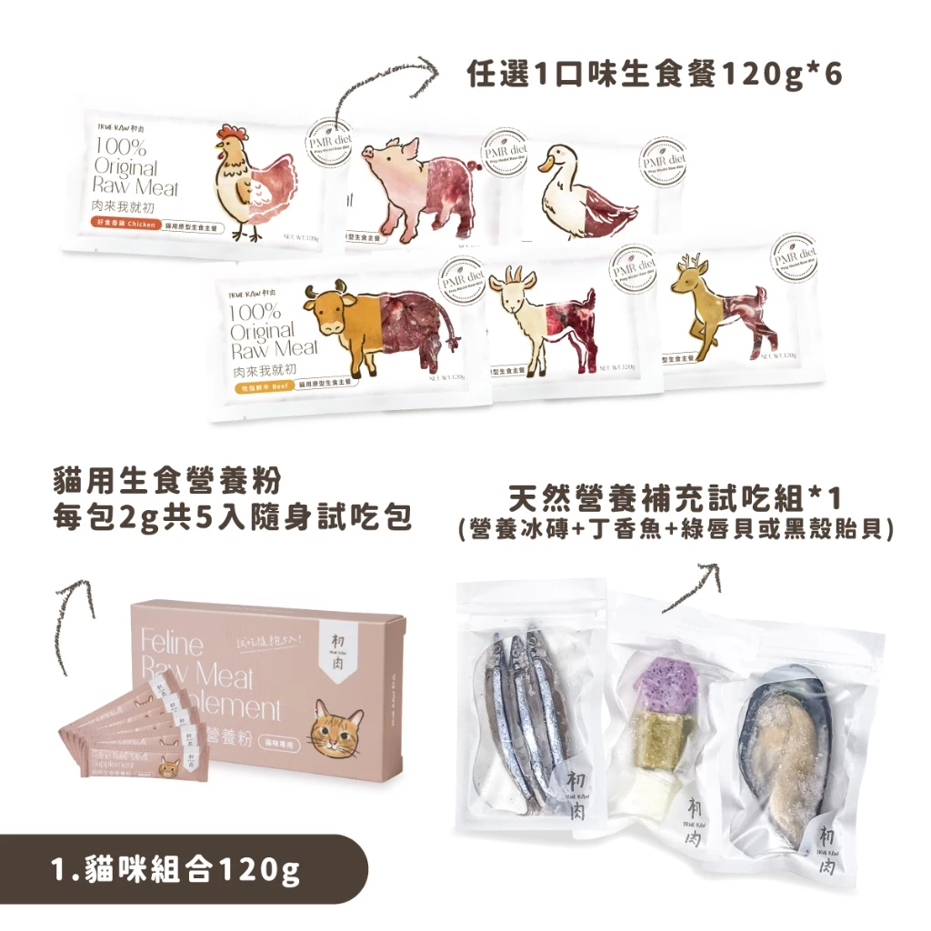 【初肉TrueRaw】貓用原型生食-全方位營養組-肉塊骨泥版